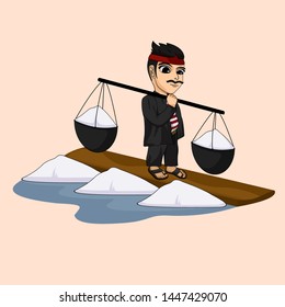 illustrations of father is carrying salt, and father wears Indonesian traditional clothes, Vector cartoon illustration, cute and funny character