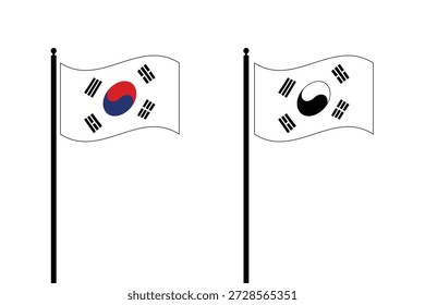Illustrations feature two South Korean flags, one with the traditional red and blue Taegeuk, the other with a black and white version, both on flagpoles