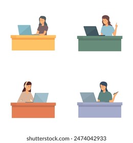 Illustrations featuring four women engaged in various tasks at work desks with laptops