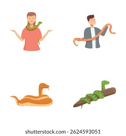 Illustrations featuring individuals handling snakes and standalone snake cartoons