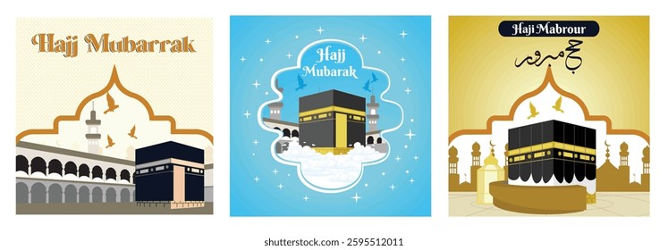 Illustrations featuring Islamic themes, including the Kaaba, Hajj Mubarak greetings, and decorative mosque designs, highlighting traditional religious and cultural symbols.