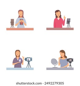 Illustrations featuring podcasters with microphones and recording equipment in various poses