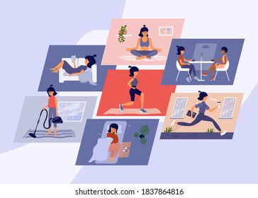 Illustrations female daily routine. Young woman leisure activities. Workout, sport, yoga at home. Housework, reading, sleeping, meeting friends, running to office to work. Girl life scenes. Vector set