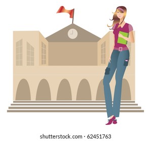 Illustrations of a female student outside the school เวกเตอร์สต็อก