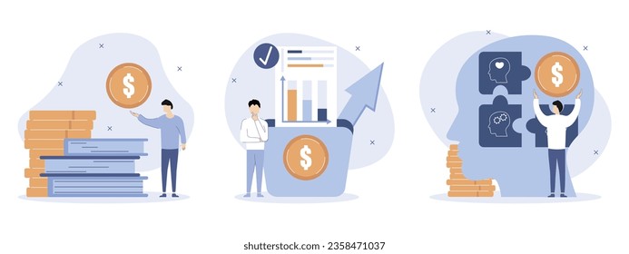 Ilustraciones del conjunto de finanzas y educación. El concepto de gestión de las finanzas personales y alfabetización financiera. Los personajes invierten en su educación y analizan los costos. Ilustración vectorial.