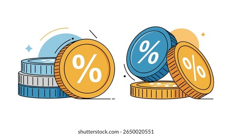 Ilustrações do sucesso financeiro e do crescimento econômico representadas por pilhas de moedas e percentagens que representam interesse ou lucro nos negócios
