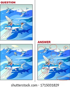 Illustrations for finding mistakes, flying fish and rabbits