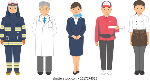 Illustrations of firefighter, doctor, flight attendant, pizza delivery man, pastry chef.
