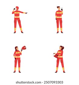 Illustrations of a firefighter in various poses with equipment like extinguisher and radio