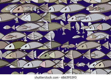 Illustrations of fish. Good for web page, wallpaper, graphic design, catalog, texture or background. Vector graphic.