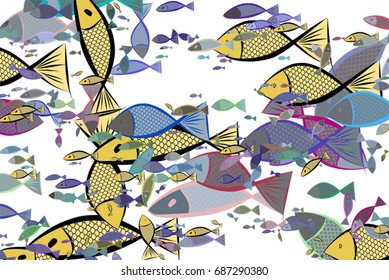 Illustrations of fish. Good for web page, wallpaper, graphic design, catalog, texture or background. Vector graphic.