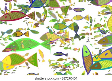 Illustrations of fish. Good for web page, wallpaper, graphic design, catalog, texture or background. Vector graphic.