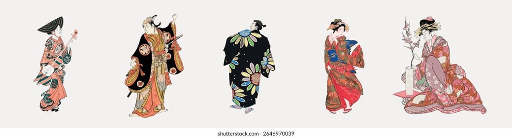 Illustrations of five figures in traditional Japanese attire, showcasing vibrant kimonos and intricate patterns. Traditional Japanese clothing art style. Asian illustrations, element set.