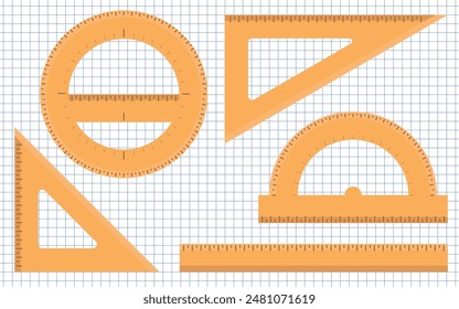 Illustrations of Five Types of Orange Rulers on a Checkered Paper Background - 30 Centimeters, Triangle Squares, Protractor 180 and 360 Degrees. Rulers without Numbers Version.