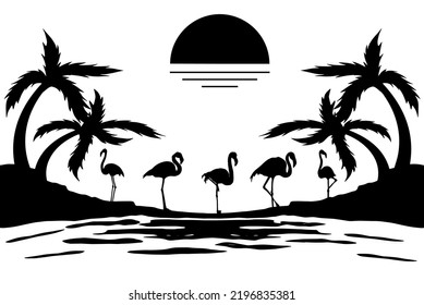 Illustrations Flamingo on Beach Silhouette White Background 