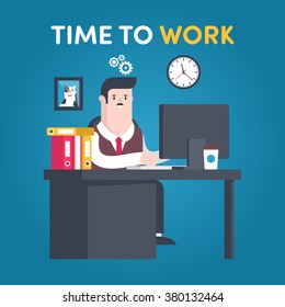 Illustrations flat businessman time to work blue background