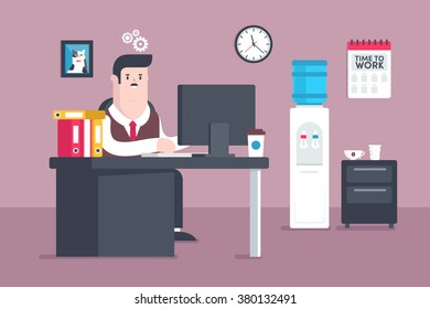 Illustrations flat businessman time to work brown background