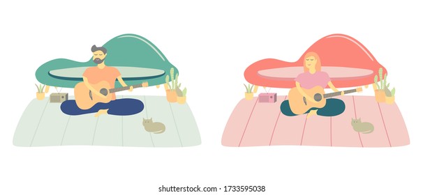Illustrations flat design of cartoon character playing a guitar in living room. Daily life activity during quarantine. Concept of hobby ideas that can do at home.