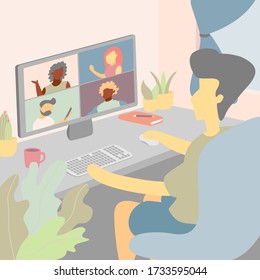 Illustrations flat design of cartoon character working at home. Concept of multi diversity people working online, meeting conference at home. Social-distance during corona virus quarantine