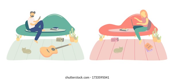 Illustrations flat design of cartoon man character playing a tablet and woman character working at home. Freelancers working on tablet, laptops at home. Social-distance during corona virus quarantine.