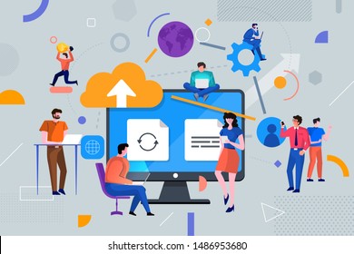 Illustrations flat design concept cloud service technology. People teamwork working together for success business. Decorate with geometric graphic icons. Vector illustrate.