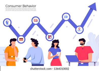 Illustrations flat design concept consumer behavior. Analysis with graph chart icon interesting of people. Internet device. Vector illustrate.