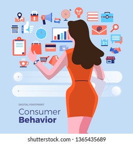 Illustrations Flat Design Concept Consumer Behavior. Analysis Digital Footprint With Graph Chart Icon Interesting Of People. Internet Device. Vector Illustrate.