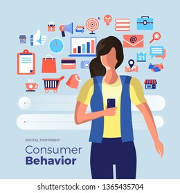 Illustrations Flat Design Concept Consumer Behavior. Analysis Digital Footprint With Graph Chart Icon Interesting Of People. Internet Device. Vector Illustrate.