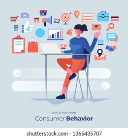 Illustrations Flat Design Concept Consumer Behavior. Analysis Digital Footprint With Graph Chart Icon Interesting Of People. Internet Device. Vector Illustrate.