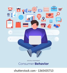 Illustrations flat design concept consumer behavior. Analysis digital footprint with graph chart icon interesting of people. Internet device. Vector illustrate.