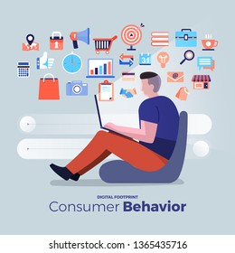 Illustrations flat design concept consumer behavior. Analysis digital footprint with graph chart icon interesting of people. Internet device. Vector illustrate.