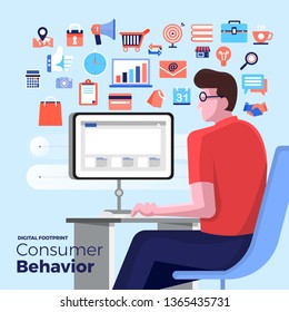 Illustrations flat design concept consumer behavior. Analysis digital footprint with graph chart icon interesting of people. Internet device. Vector illustrate.
