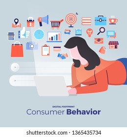 Illustrations Flat Design Concept Consumer Behavior. Analysis Digital Footprint With Graph Chart Icon Interesting Of People. Internet Device. Vector Illustrate.