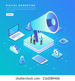 Illustrations flat design concept digital marketing. Communication business via device and icon internet tool. Isometric vector illustrate. 