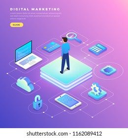 Illustrations flat design concept digital marketing. Communication business via device and icon internet tool. Isometric vector illustrate. 