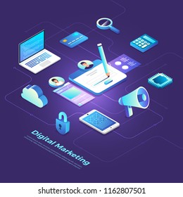 Illustrations flat design concept digital marketing. Communication business via device and icon internet tool. Isometric vector illustrate. 