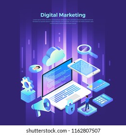 Illustrations Flat Design Concept Digital Marketing. Communication Business Via Device And Icon Internet Tool. Isometric Vector Illustrate. 