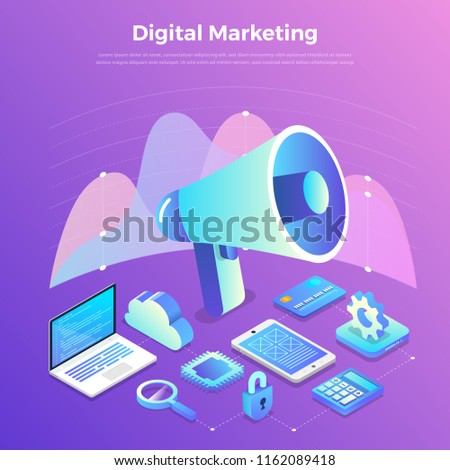 Illustrations flat design concept digital marketing. Communication business via device and icon internet tool. Isometric vector illustrate. 