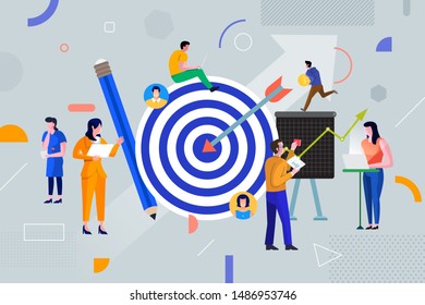 Illustrations flat design concept find consumer traget audience. People teamwork working together for success business. Decorate with geometric graphic icons. Vector illustrate.