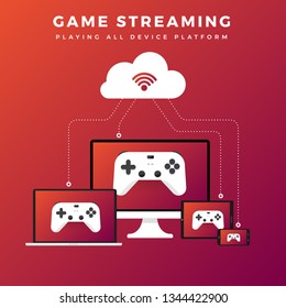 Illustrations flat design concept game online streaming platform can playing multiple device with internet browser. Playing online console controller. Vector illustrate.