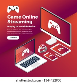 Illustrations flat design concept game online streaming platform can playing multiple device with internet browser. Playing online console controller. Vector illustrate.