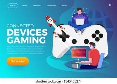 Illustrations flat design concept game online streaming platform can playing multiple device with internet browser. Playing online console controller. Vector illustrate.