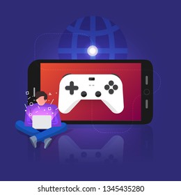 Illustrations flat design concept game online streaming platform can playing multiple device with internet browser. Playing online console controller. Vector illustrate.