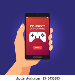 Illustrations flat design concept game online streaming platform can playing multiple device with internet browser. Hand hold game controller. Vector illustrate.