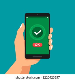Illustrations flat design concept hand hold smartphone confirmation click OK. Vector illustrate.