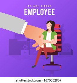 Illustrations flat design concept HR hiring employee. Hand hold worker put on chair present jobs position. Vector illustrate.