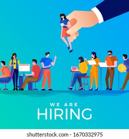 Ilustraciones concepto plano de diseño HR empleado de contratación. administrador de mano seleccionado empleado. Vector ilustrado.