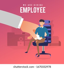 Illustrations flat design concept HR hiring employee. Hand hold worker put on chair present jobs position. Vector illustrate.