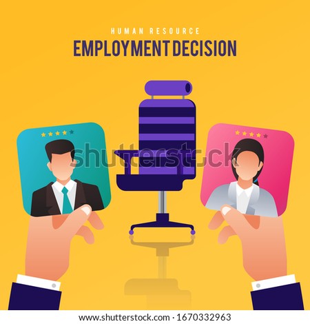 Illustrations flat design concept HR hiring employee. Hand hold resume for decision contract employee. Vector illustrate.