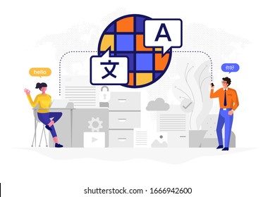 Illustrations flat design concept language translate. People working on icon translate application. Vector illustrate.